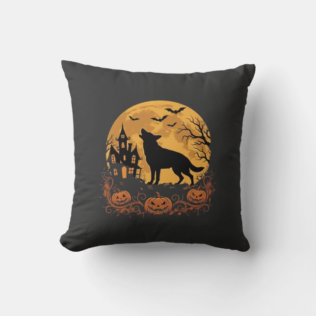 Almofada Desenho de abóbora da lua de Halloween do Pastor A (Frente)