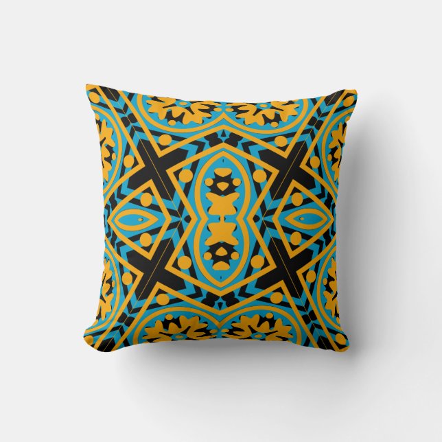 Almofada Desenho de Caleidoscópio, Azul Claro, Dourado, Pre (Frente)
