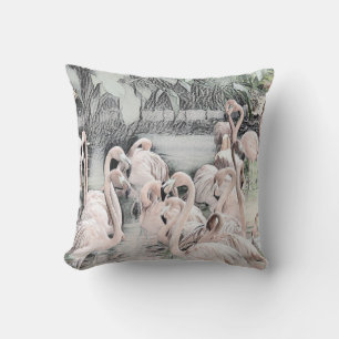 Almofada Desenho de Flamingos Brancos e Rosa na Água