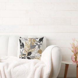 Almofada Desenho de Folha de Videira Dourada, Preta e Cinza