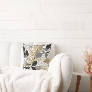 Almofada Desenho de Folha de Videira Dourada, Preta e Cinza