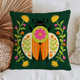 Almofada Desenho de inseto floral em verde esmeralda Folk A