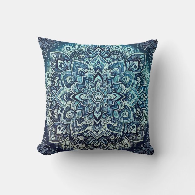 Almofada Desenho de Mandala com Gradiente Azul (Frente)
