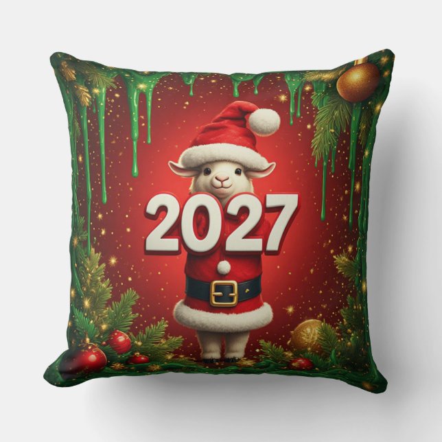 Almofada Desenho de Natal de Cabra Fofa com Chapéu de Papai (Frente)
