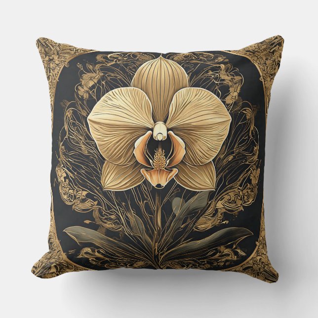 Almofada Desenho de Orquídea Dourada Elegante (Frente)