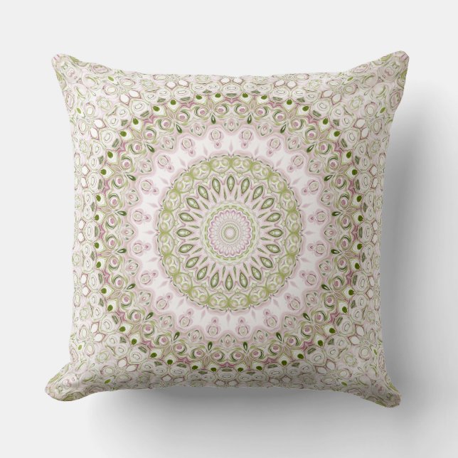 Almofada Desenho de padrão de mandala floral rosa e verde (Frente)