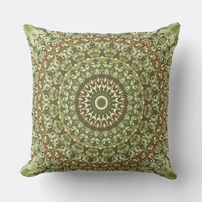 Almofada Desenho de Padrão de Mandala Terroso Verde e Marro (Frente)