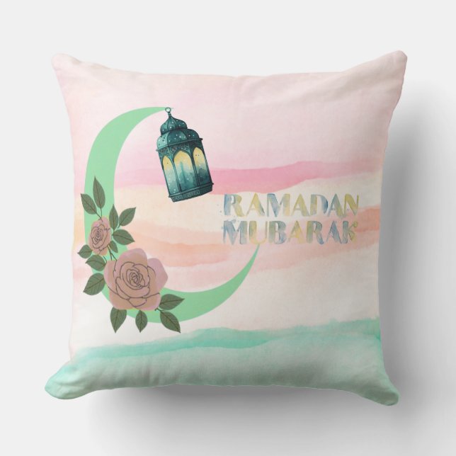 Almofada Desenho de Ramadan em Aquarela | Lanterna, Lua Cre (Frente)