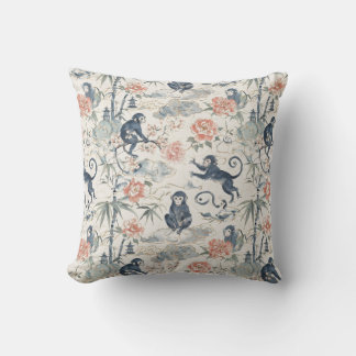 Almofada Desenho Floral de Macaco e Peônia em Chinoiserie