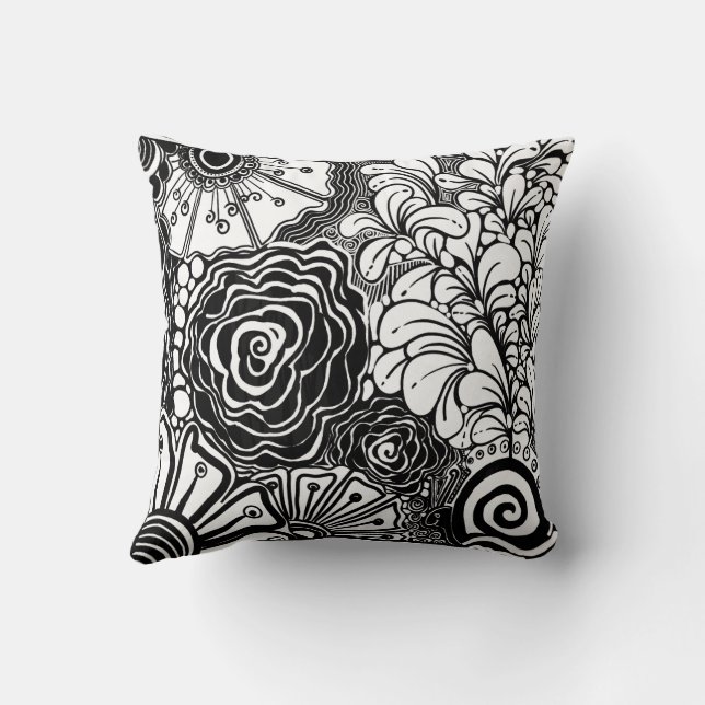 Almofada Desenho Floral Padrão De Zen Preto E Branco (Verso)