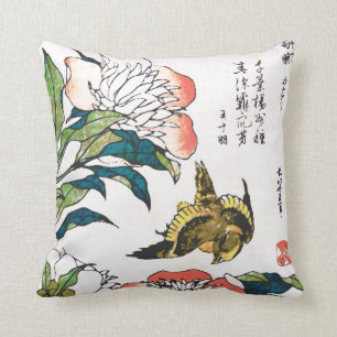 Almofada Desenho, peônias e pardal japoneses do vintage