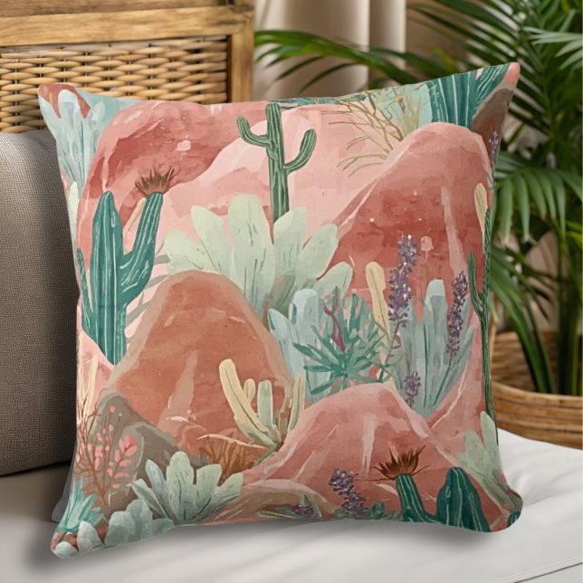 Almofada Desert Bloom Canyon Watercolor Landscape (Blush canyon pillow with watercolor cacti, soft sage greens, and dreamy desert sunset tones.)