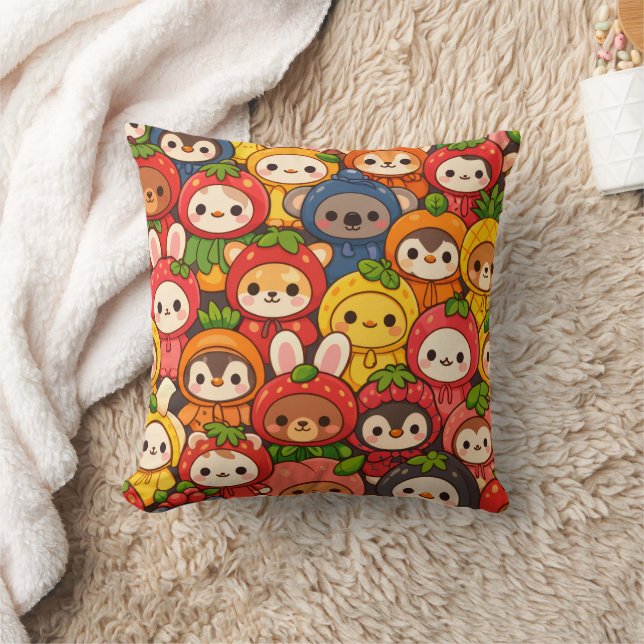 Almofada Desfile de Amigos Frutas | Chibi Animal Fofo (Cobertor)