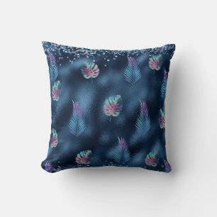 Almofada Design Azul Escuro com Folhas Turquesa e Rosa