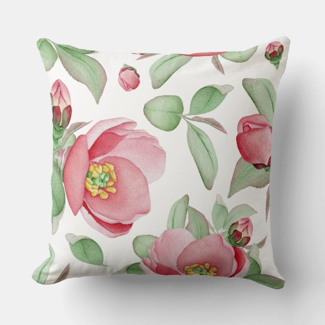 Almofada Design de Aquarela Floral Rosa e Verde (Frente)