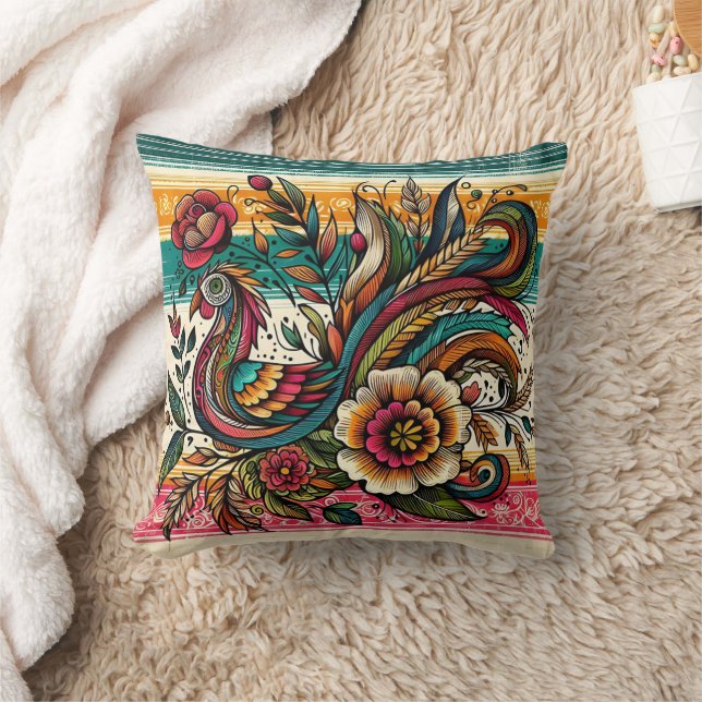 Almofada Design de aves e flores vibrantes em espirais colo (Cobertor)