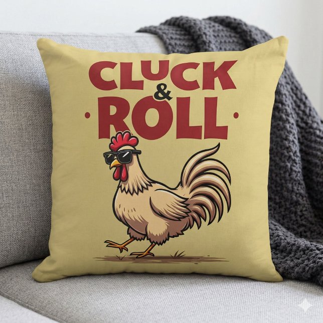 Almofada Design de Cartoon Legal "Cluck & Roll" engraçado (Funny Cluck & Roll Cool Rooster Cartoon Design Throw Pillow  Mockup A)