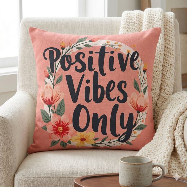 Almofada Design de Coroa Floral Vibrações Positivas Apenas (Positive Vibes Only Floral Wreath Design Throw Pillow Mockup D)