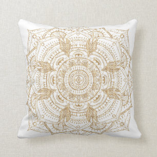 Almofada Design de Desenho de Mão de Mandala Branco e Dour