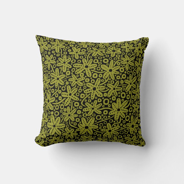 Almofada Design de Flor - Verde-Oliva em Preto (Frente)