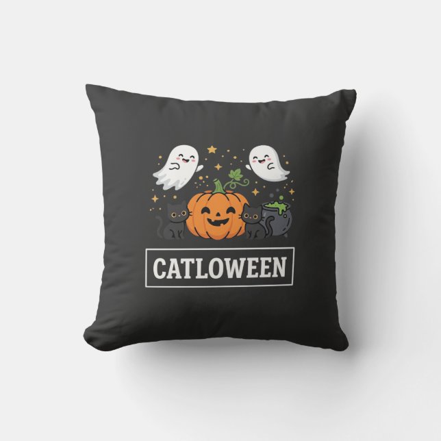 Almofada Design de Gato Fantasma Fofo Catloween de Hallowee (Frente)