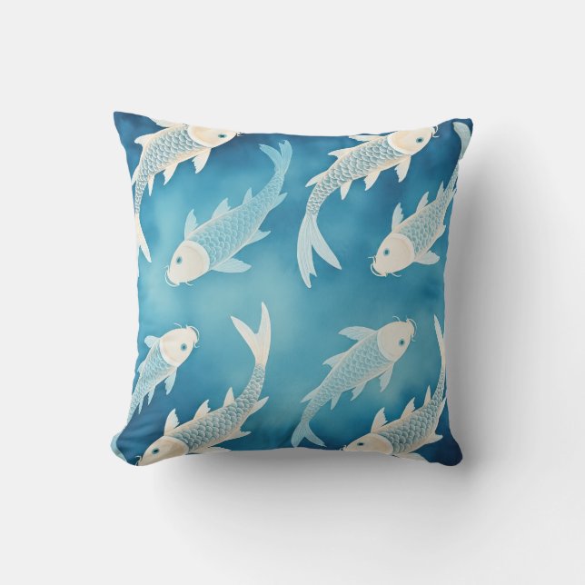 Almofada Design de Koi Índigo Tranquilo Arte em Aquarela El (Frente)