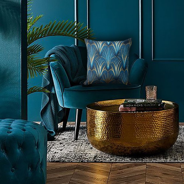 Almofada Design de Leque Moderno Azul e Dourado (Criador carregado)