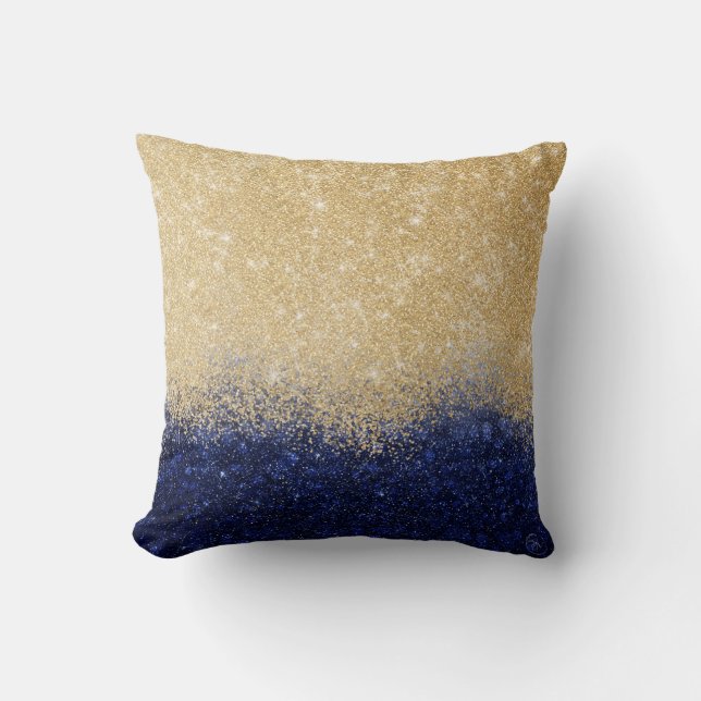 Almofada Design de luxo de Ombre Dourado e azul com brilho (Frente)