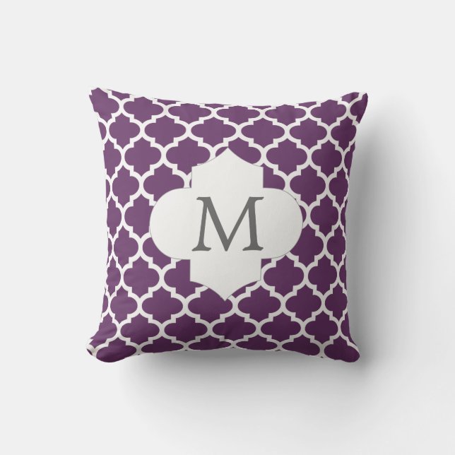 Almofada design de monograma de quatrefoil roxo personaliza (Frente)