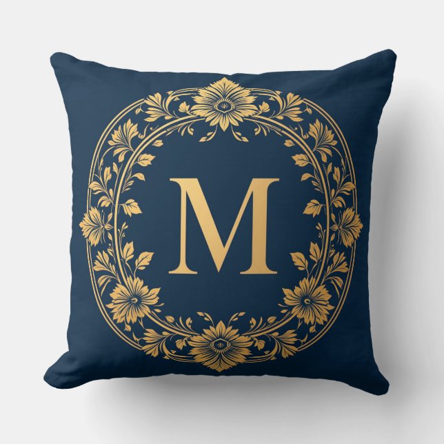 Almofada Design de Monograma Floral Dourado Elegante (Frente)
