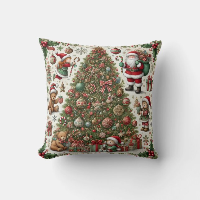Almofada Design de Natal - Árvore Festiva e Ursinho B (Frente)