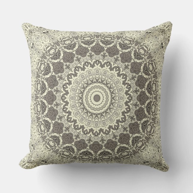 Almofada Design de Padrão Mandala Bege e Taupe (Frente)