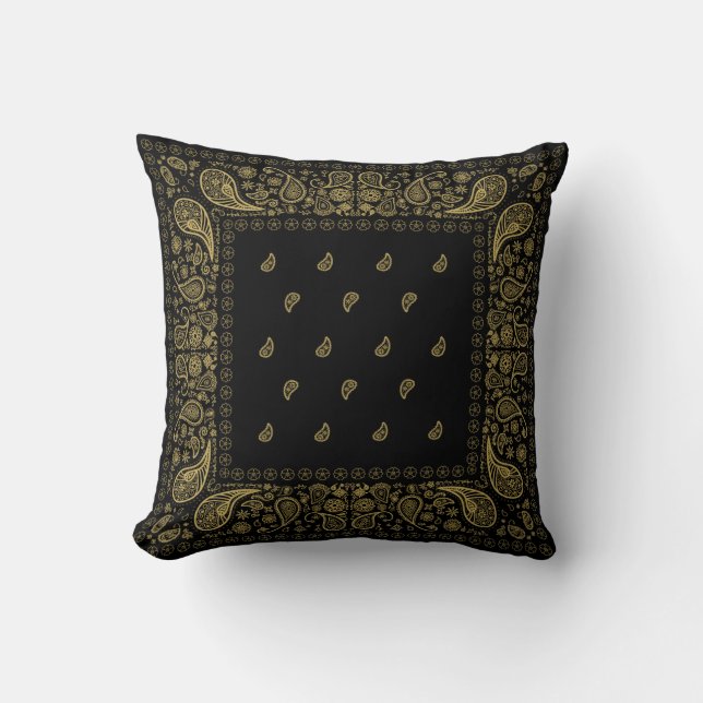 Almofada Design de Paisley Preto e Dourado (Frente)