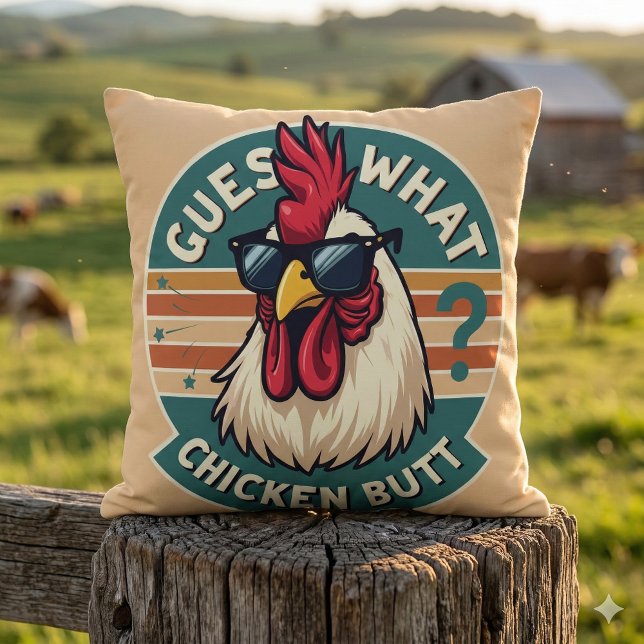 Almofada Design de piada engraçada de frango retrô (Funny Retro Chicken Butt Joke Design Throw Pillow Mockup C)