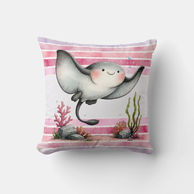 Almofada Design de Praia Infantil de Raia Cute Subaquática (Frente)