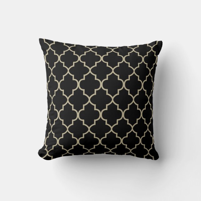 Almofada Design de Quatrefoil Preto e Khaki (Frente)