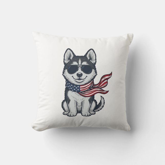 Almofada Design de Vetor de Cachorro Husky Patriótico Vinta (Frente)