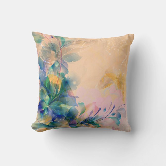 Almofada Design Floral Abstrato Azul E Beige (Frente)