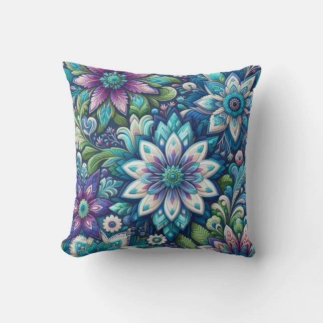 Almofada Design Floral Branco Azul Roxo (Frente)