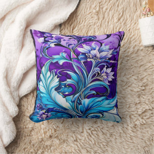 Almofada Design Floral Colorida com Matizes Azuis e Roxos
