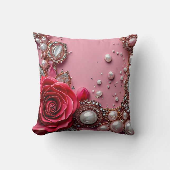 Almofada 🌹 Design Floral de Rosa Vermelha com Pérola para  (Frente)