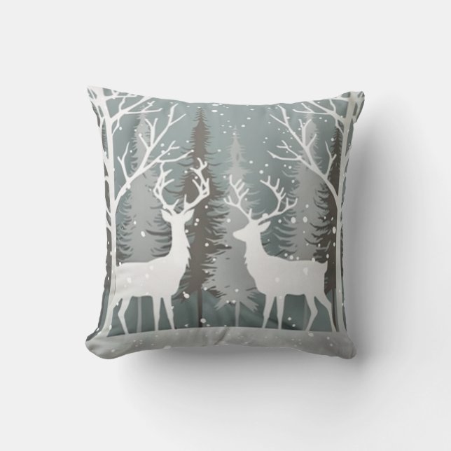Almofada Design Floresta Azul Cinza Veado de Inverno (Frente)
