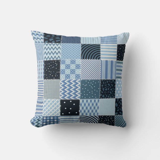Almofada Design, retalhos geométricos, tons azuis. (Frente)