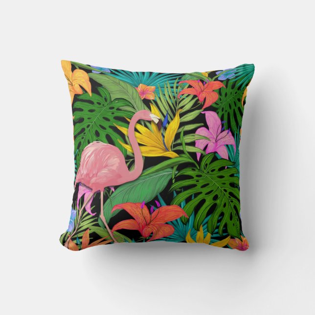 Almofada Design tropical colorida com flamingo rosa (Frente)