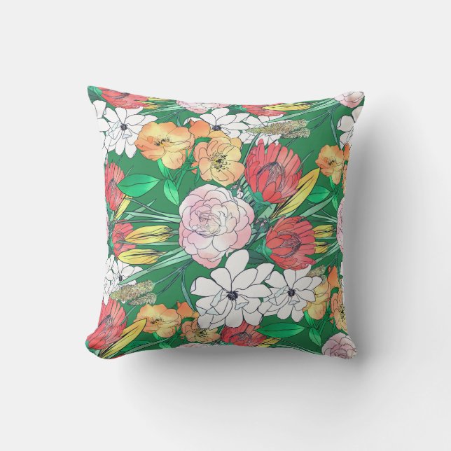 Almofada Design Verde-Girly-Flores Desenhada Colorida (Frente)