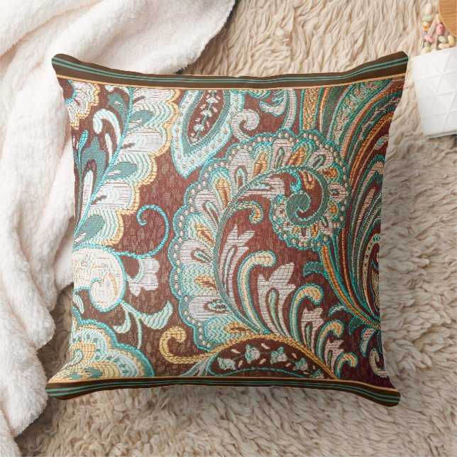 Almofada Designer Brocade em Brown, Teal e Dourado  (Cobertor)