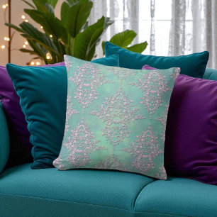 Almofada Deslumbrante Damasco Pastel Turquesa e Lavanda