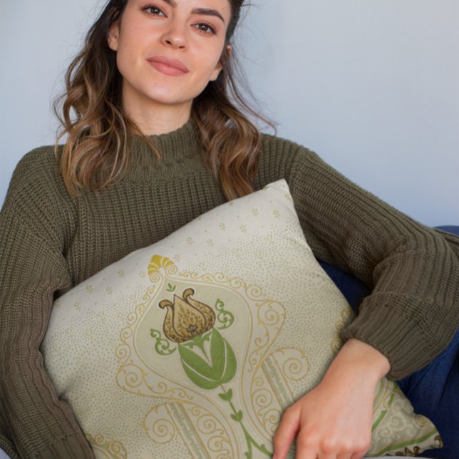 Almofada Desperdício em Casa de Tulip Estilizado Delicado (mockup of a woman holding-a square Tulip Stylized Delicate Swirls Home Decoration throw pillow)
