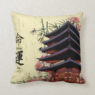 Almofada destino luck kanji japanese pagoda cherry floresce