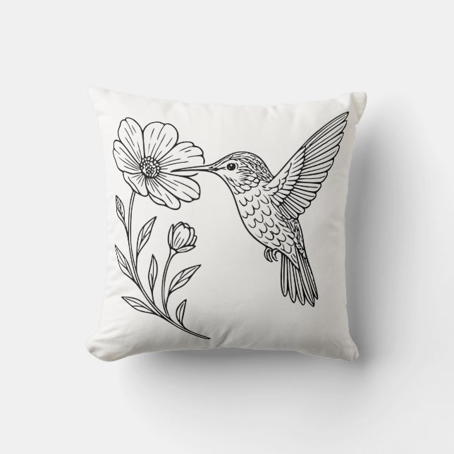 Almofada Detailed Hummingbird Line Art with Wildflower (Frente)